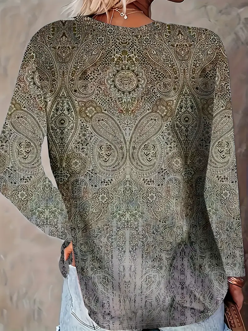 Women's Long Sleeve T-shirt Spring/Fall Gray Paisley Printing Jersey Crew Neck Daily Going Out Casual Top