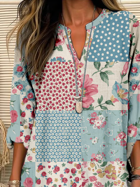 Women's Long Sleeve Blouse Spring/Fall As Picture Floral Printing Cotton-Blend V Neck Daily Going Out Casual Top