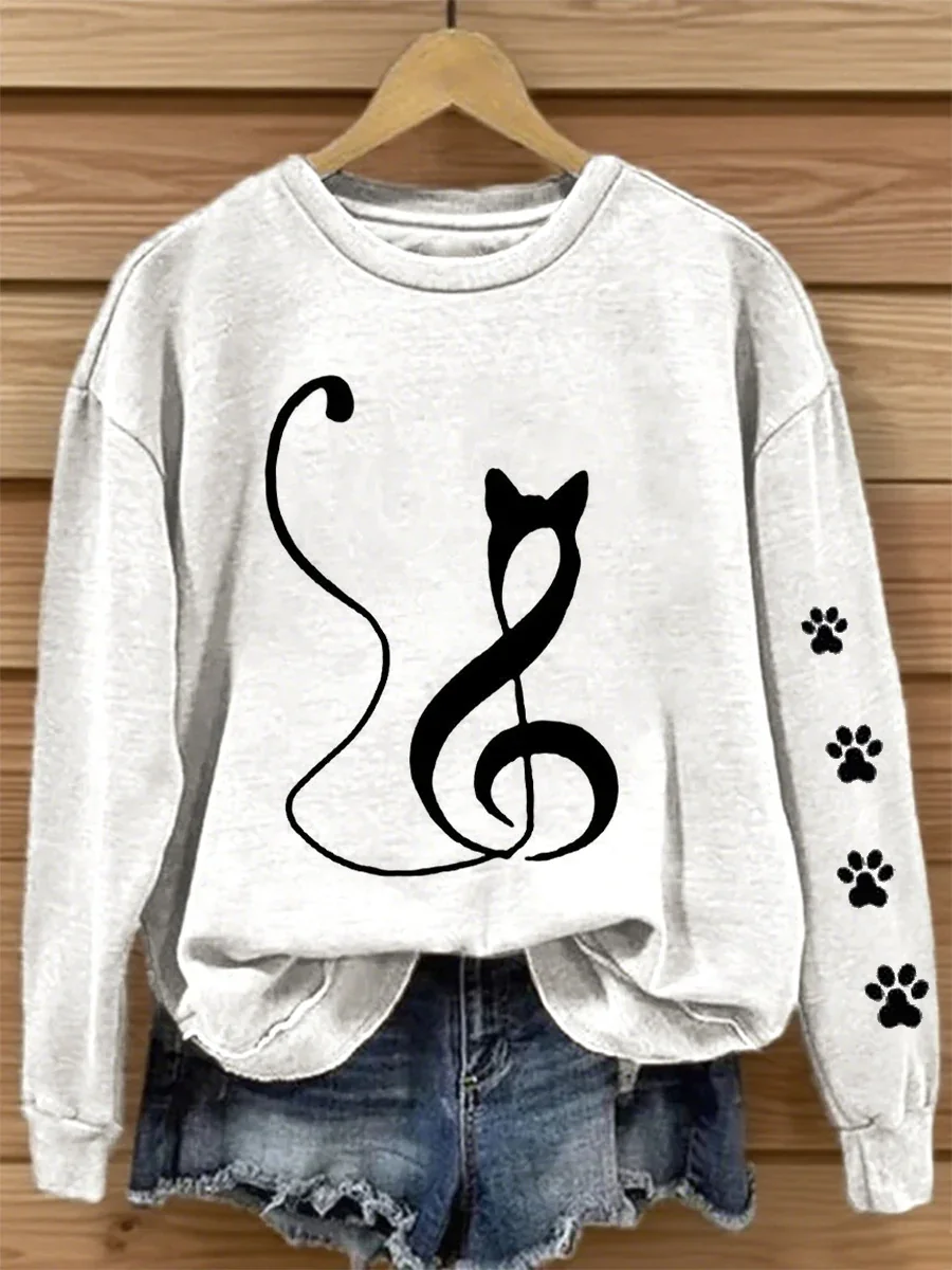 Women's Music Note Inspired Cat Print Sweatshirt