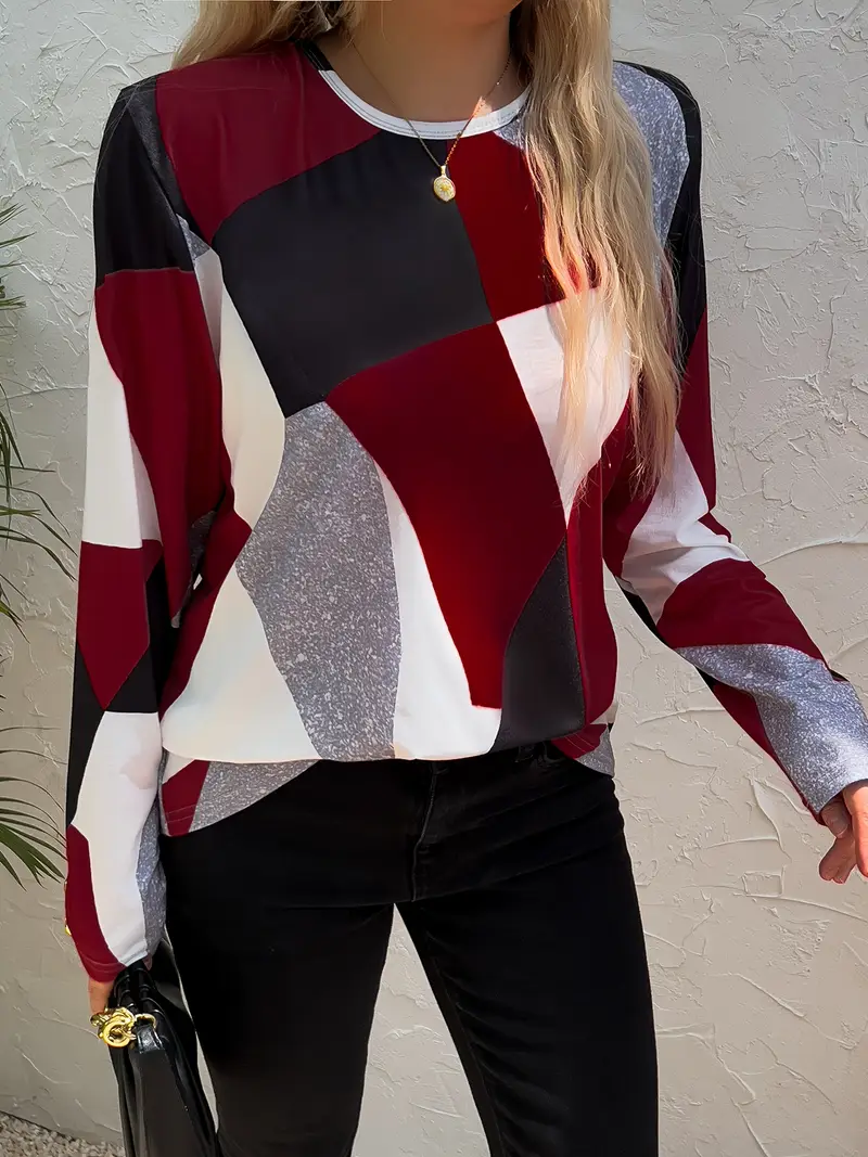 Women's Long Sleeve T-shirt Spring/Fall Red Geometric Printing Jersey Crew Neck Daily Going Out Casual Top
