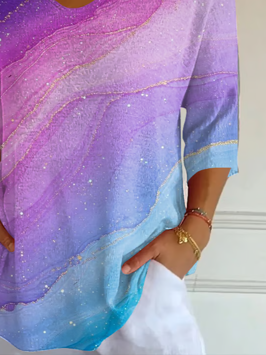 Women's Three Quarter Sleeve T-shirt Spring/Fall Purple Abstract Printing V Neck Daily Going Out Casual Top