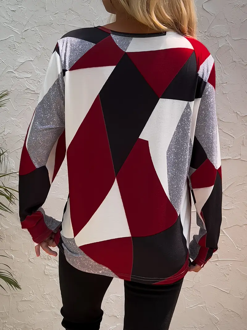 Women's Long Sleeve T-shirt Spring/Fall Red Geometric Printing Jersey Crew Neck Daily Going Out Casual Top