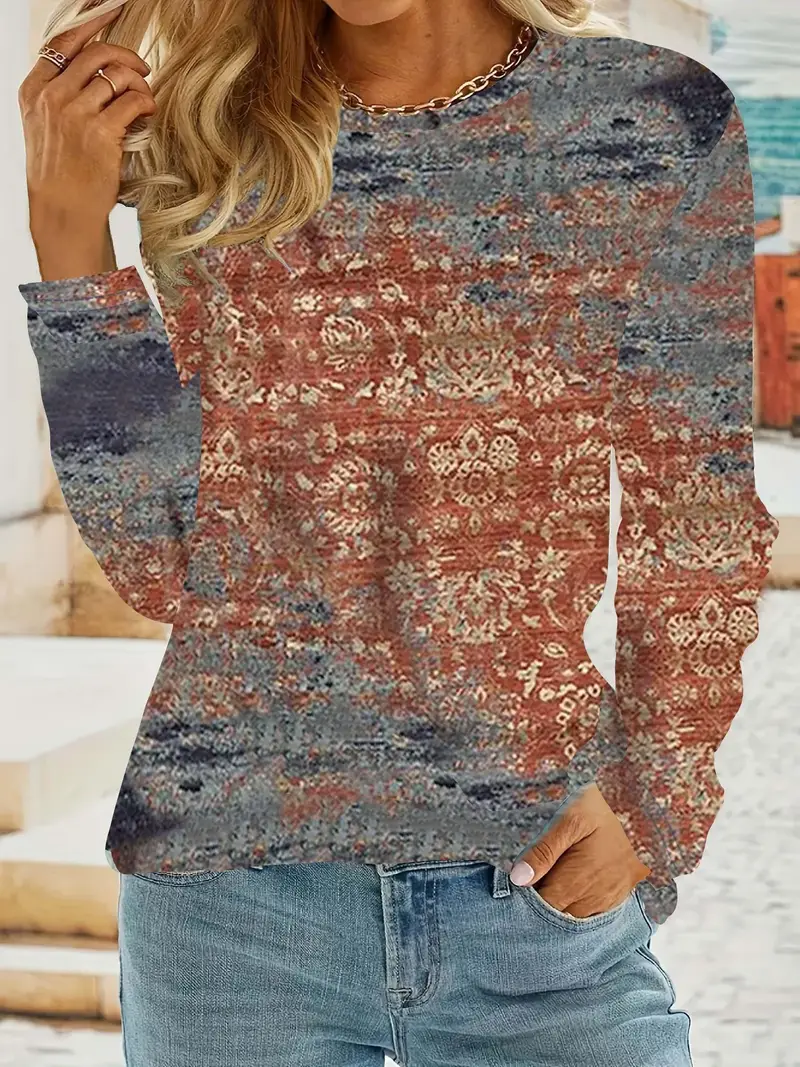 Women's Long Sleeve T-shirt Spring/Fall As Picture Floral Printing Jersey Crew Neck Daily Going Out Casual Top
