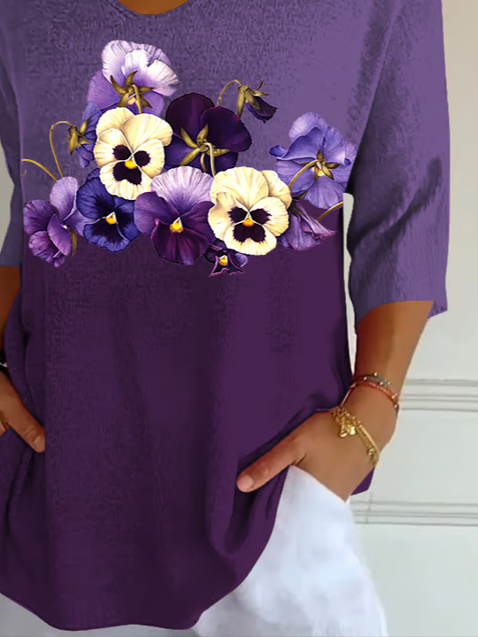 Women's Three Quarter Sleeve T-shirt Spring/Fall Purple Floral Printing V Neck Daily Going Out Casual Top