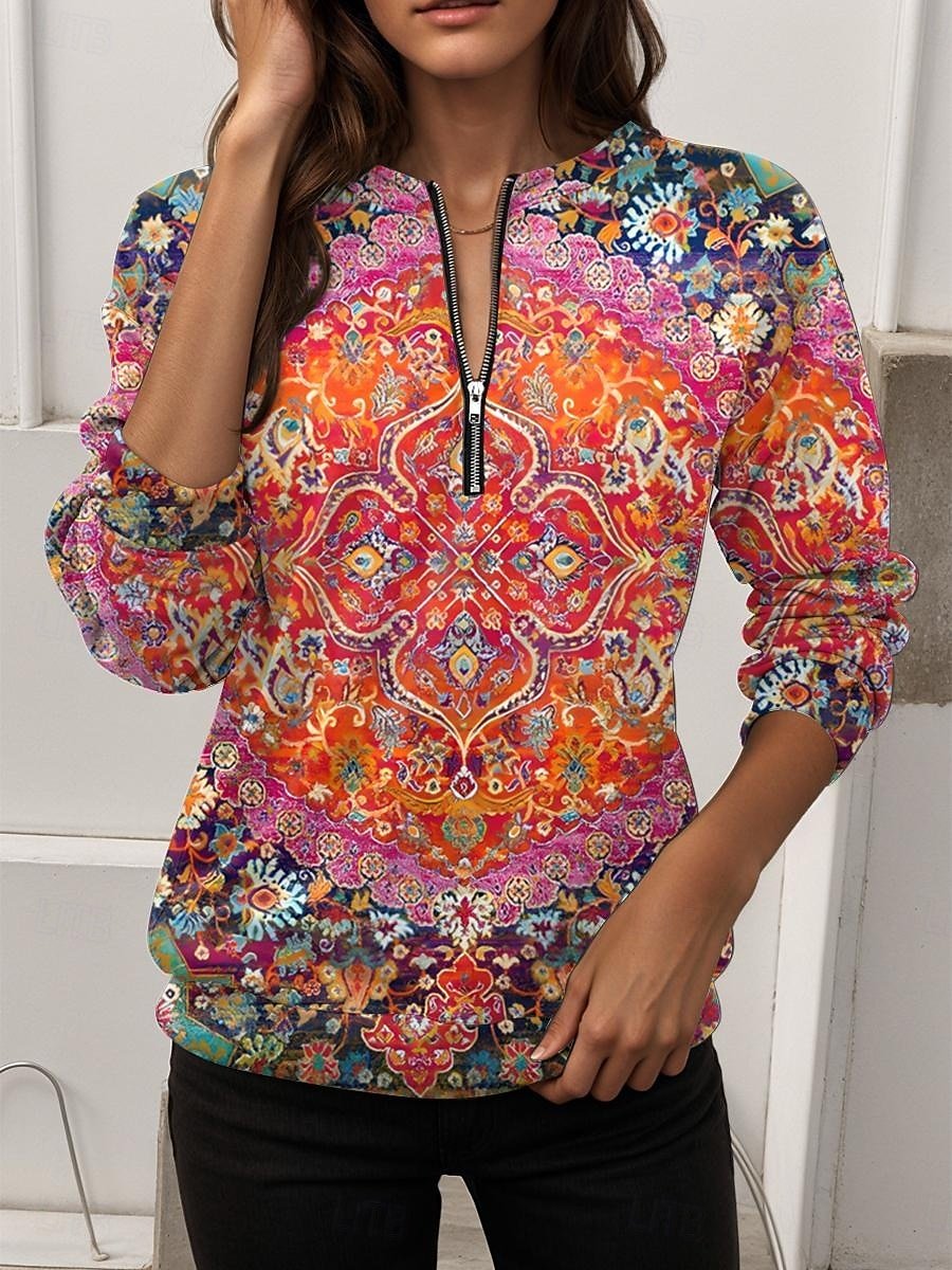 Regular Fit Women's Commuter Ethnic Pattern Front Center Zip Sweatshirt