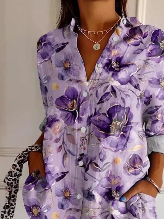 Women's Long Sleeve Shirt Spring/Fall Purple Floral Buckle Shirt Collar Regular Sleeve Daily Going Out Casual Top