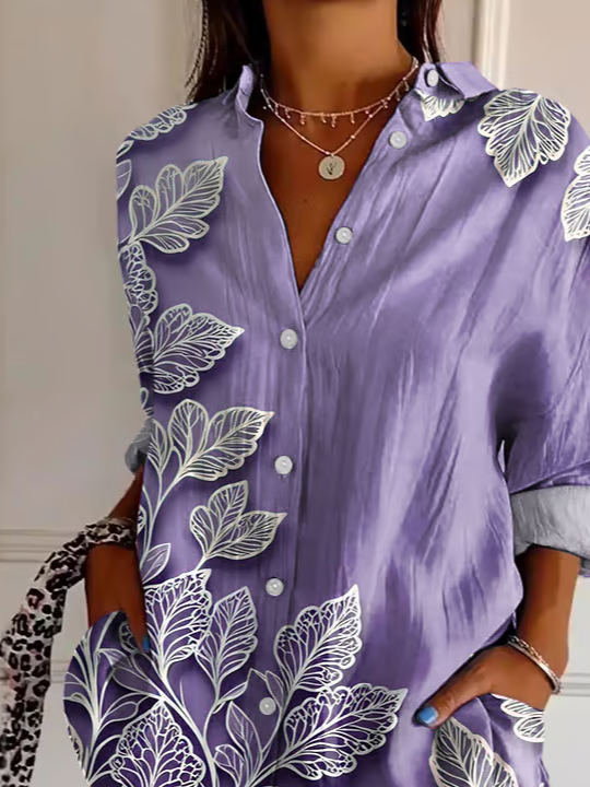 Women's Long Sleeve Shirt Spring/Fall Purple Floral Buckle Shirt Collar Regular Sleeve Daily Going Out Casual Top