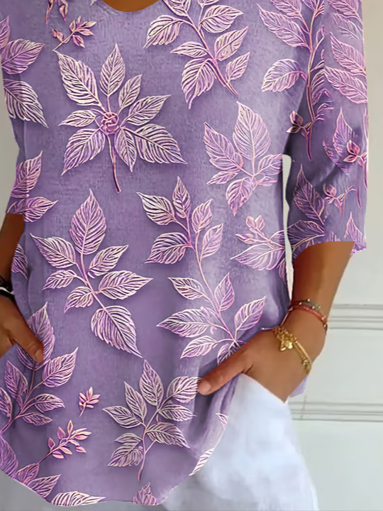 Women's Three Quarter Sleeve T-shirt Spring/Fall Purple Floral Printing V Neck Daily Going Out Casual Top