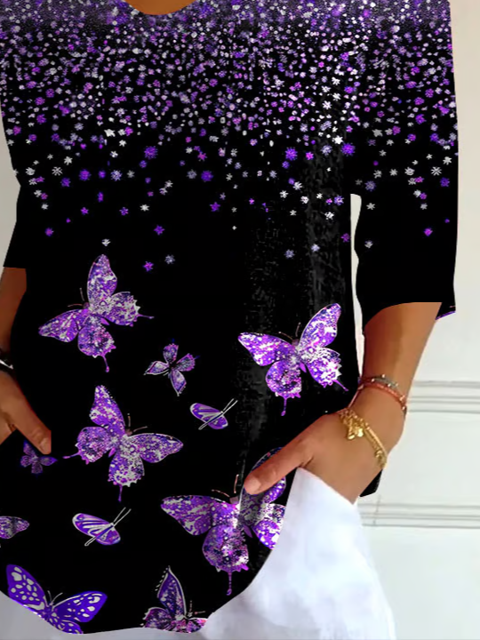 Women's Three Quarter Sleeve T-shirt Spring/Fall Black Butterfly Printing V Neck Daily Going Out Casual Top