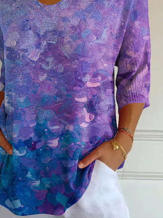 Women's Three Quarter Sleeve T-shirt Spring/Fall Blue Purple Abstract Printing V Neck Daily Going Out Casual Top