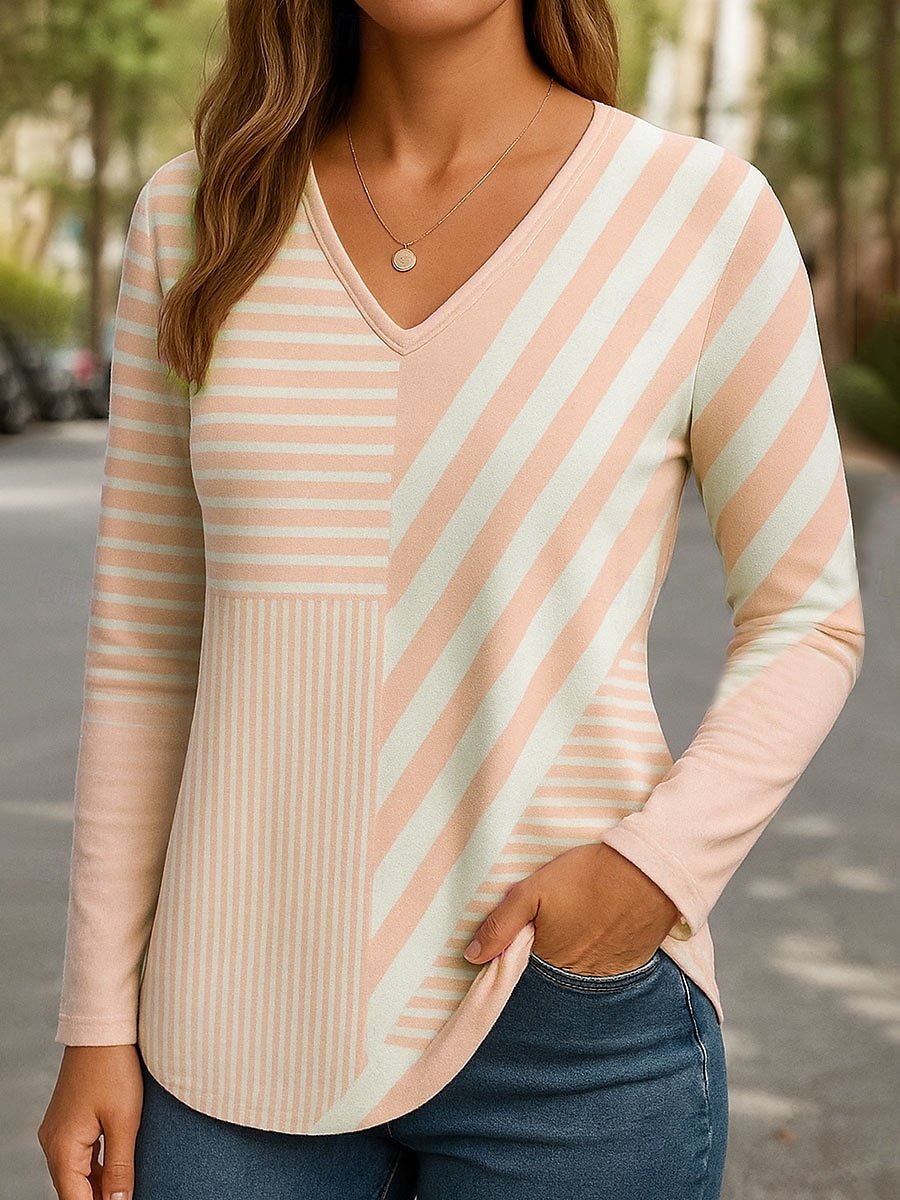 Regular Fit Women's Commuter Striped V-Neck Long Sleeve T-Shirt