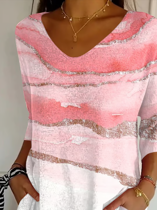 Women's Three Quarter Sleeve T-shirt Spring/Fall Pink Abstract Printing V Neck Daily Going Out Casual Top