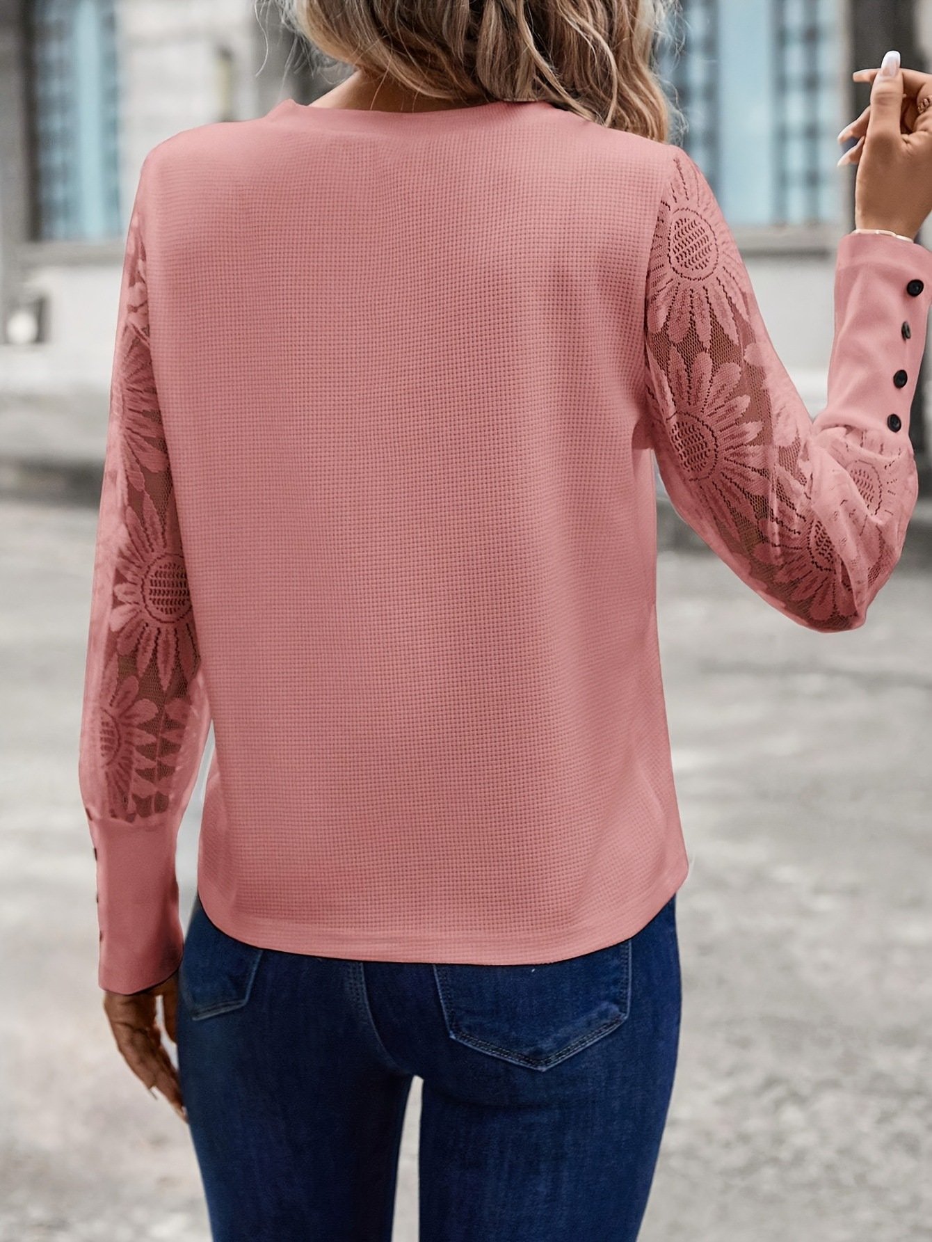 Solid color long sleeve embroidered lace patchwork waffle round neck top