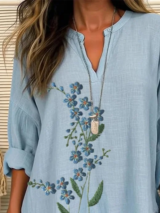 Women's Long Sleeve Blouse Spring/Fall Blue Floral Printing Cotton-Blend V Neck Daily Going Out Casual Top