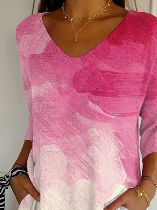 Women's Three Quarter Sleeve T-shirt Spring/Fall Pink Abstract Printing V Neck Daily Going Out Casual Top