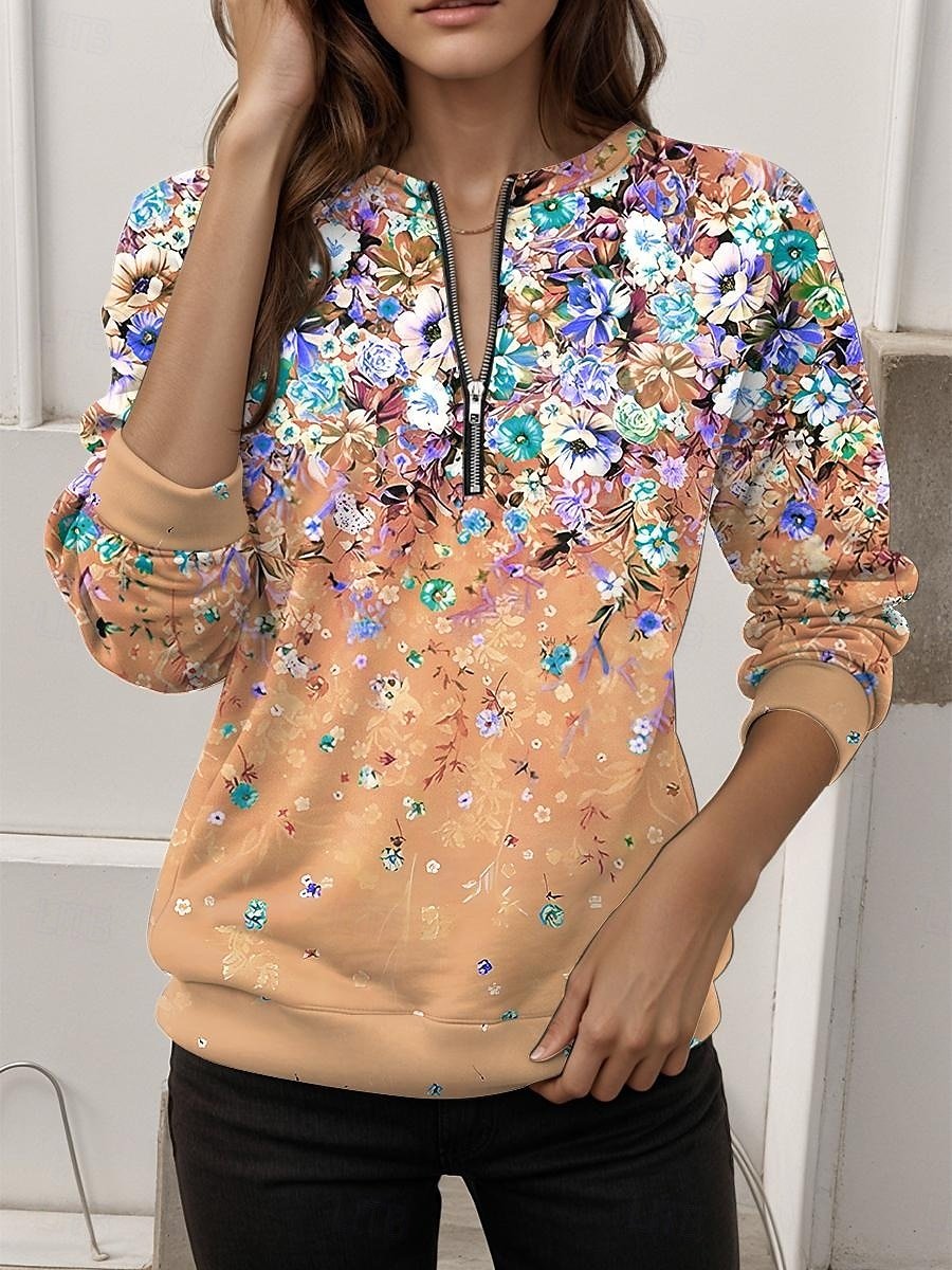 Regular Fit Women's Commuter Gradient Floral Front Center Zipper Sweatshirt