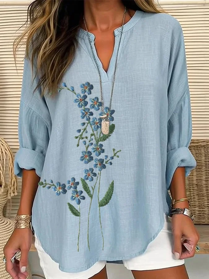 Women's Long Sleeve Blouse Spring/Fall Blue Floral Printing Cotton-Blend V Neck Daily Going Out Casual Top