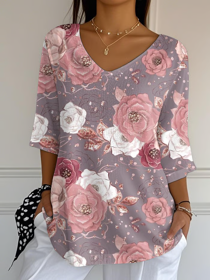 Women's Three Quarter Sleeve T-shirt Spring/Fall As Picture Floral Printing V Neck Daily Going Out Casual Top