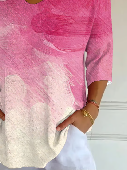 Women's Three Quarter Sleeve T-shirt Spring/Fall Pink Abstract Printing V Neck Daily Going Out Casual Top
