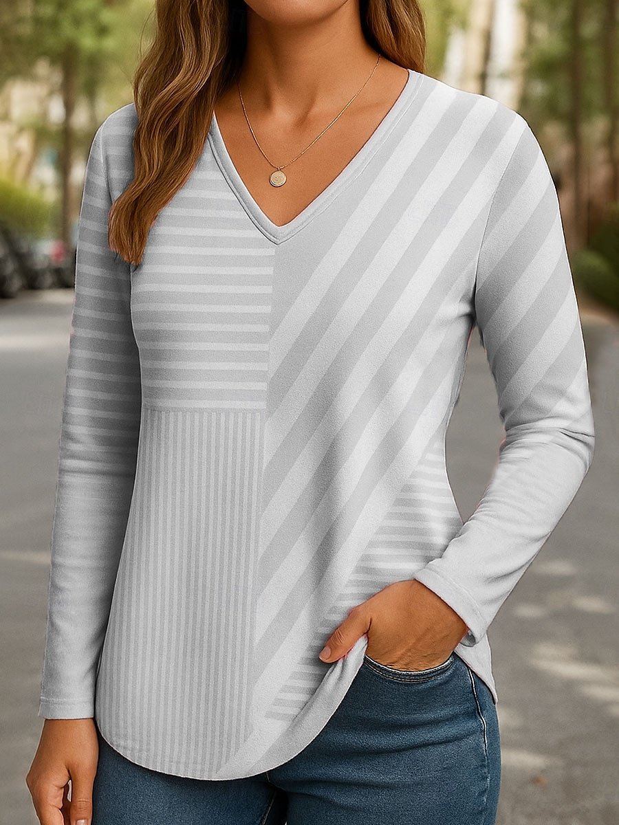 Regular Fit Women's Commuter Striped V-Neck Long Sleeve T-Shirt