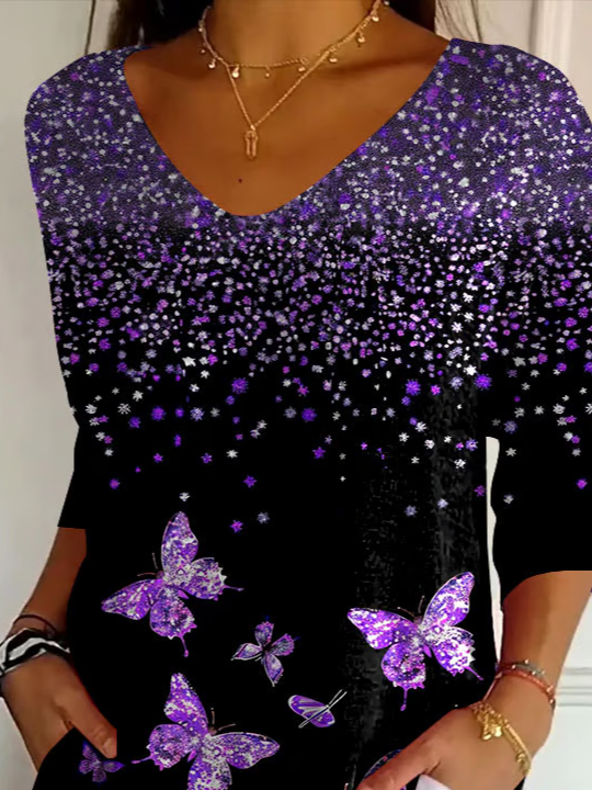 Women's Three Quarter Sleeve T-shirt Spring/Fall Black Butterfly Printing V Neck Daily Going Out Casual Top