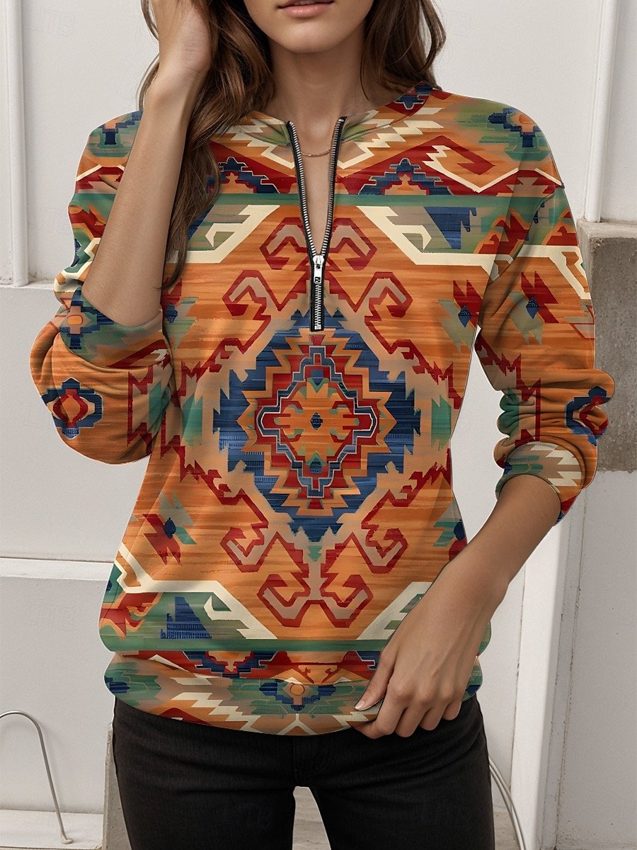 Regular Fit Women's Commuter Ethnic Pattern Front Center Zip Sweatshirt