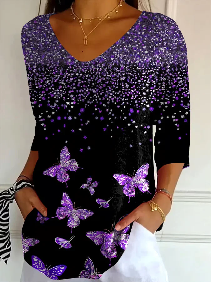 Women's Three Quarter Sleeve T-shirt Spring/Fall Black Butterfly Printing V Neck Daily Going Out Casual Top