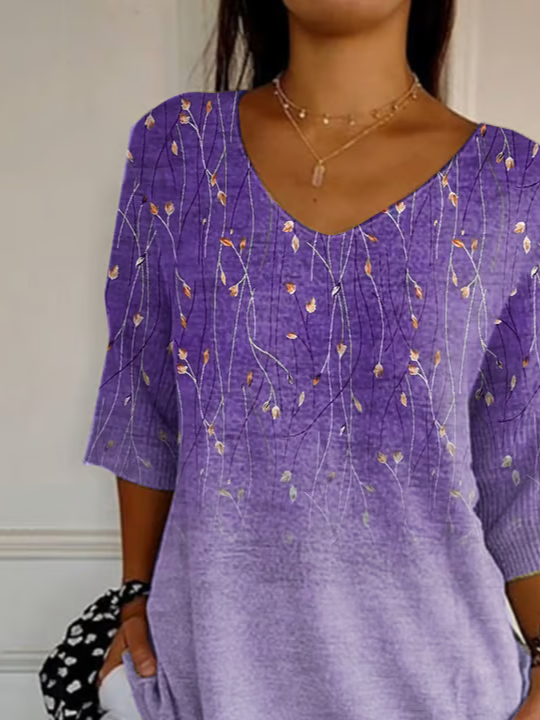 Women's Three Quarter Sleeve T-shirt Spring/Fall Purple Floral Printing V Neck Daily Going Out Casual Top