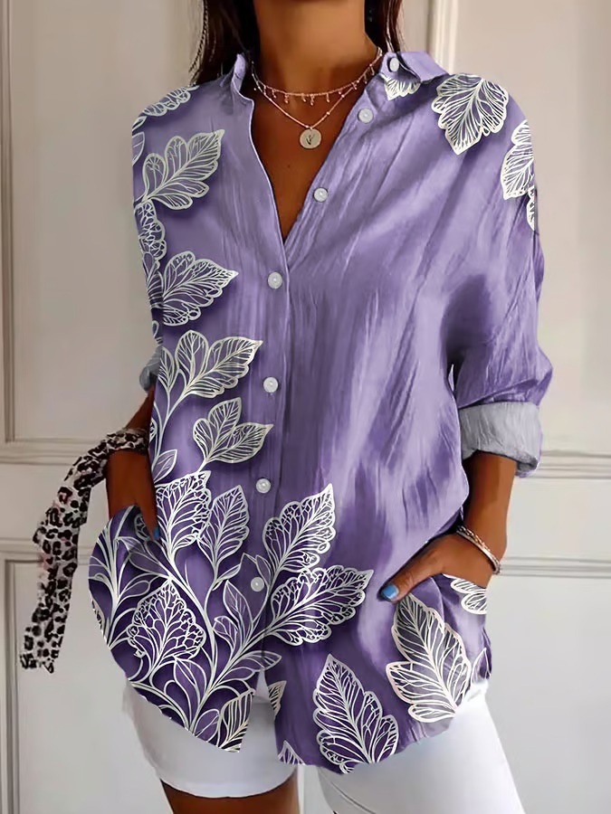 Women's Long Sleeve Shirt Spring/Fall Purple Floral Buckle Shirt Collar Regular Sleeve Daily Going Out Casual Top