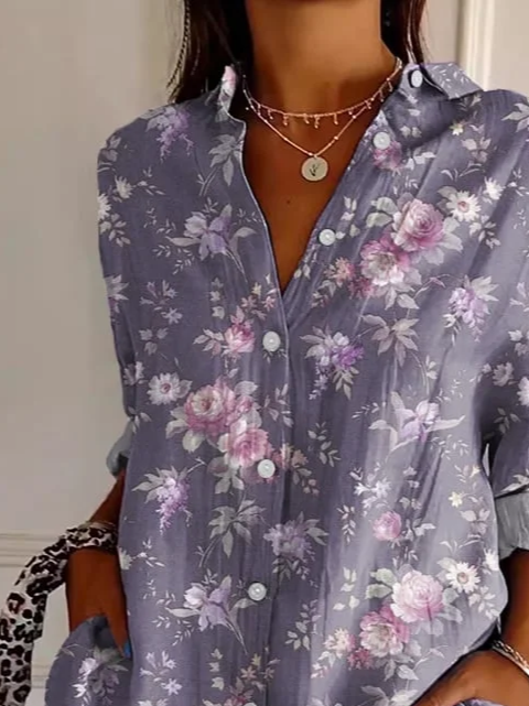 Women's Long Sleeve Shirt Spring/Fall Purple Floral Buckle Shirt Collar Regular Sleeve Daily Going Out Casual Top