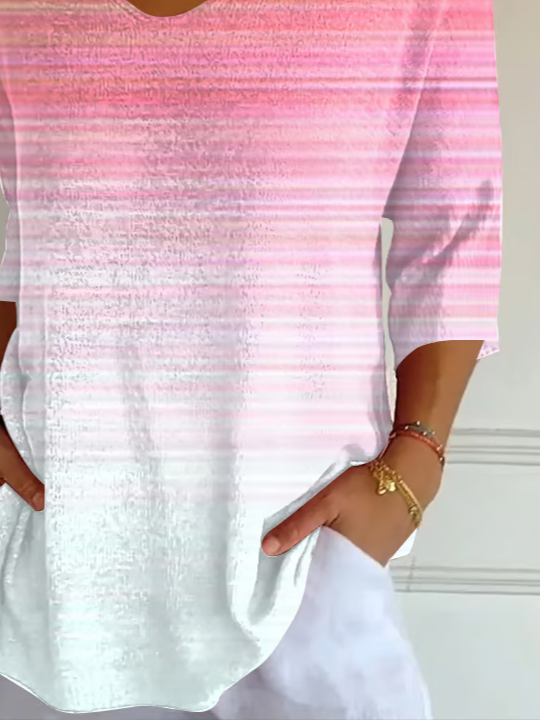 Women's Three Quarter Sleeve T-shirt Spring/Fall Pink Abstract Stripes Printing V Neck Daily Going Out Casual Top