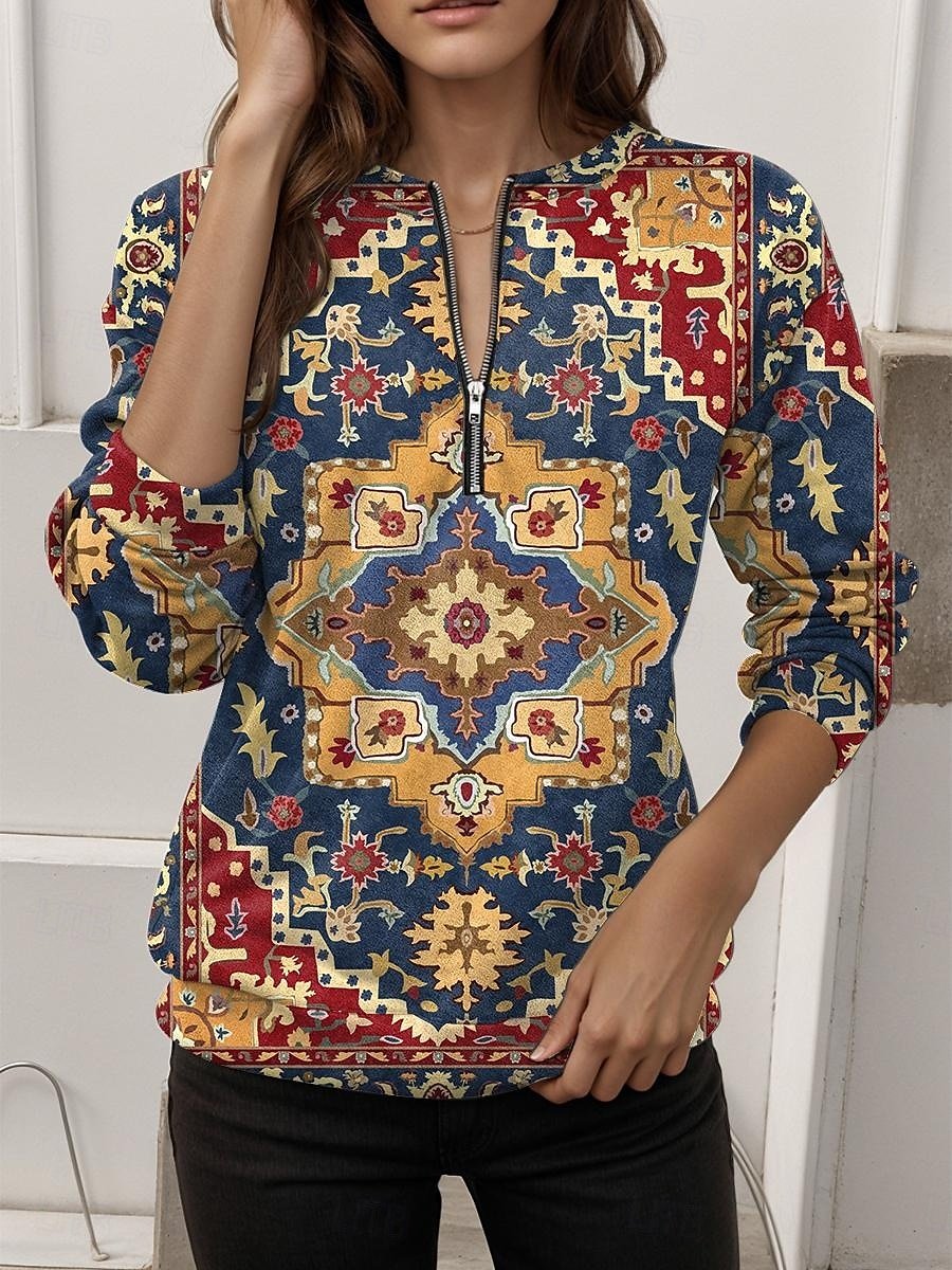 Regular Fit Women's Commuter Ethnic Pattern Front Center Zip Sweatshirt