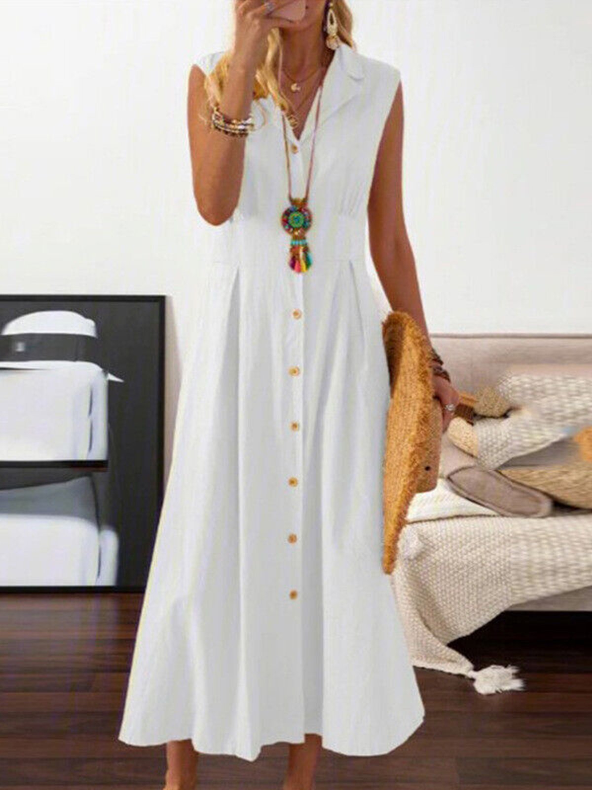 Urban Plain Shirt Collar Maxi Dress