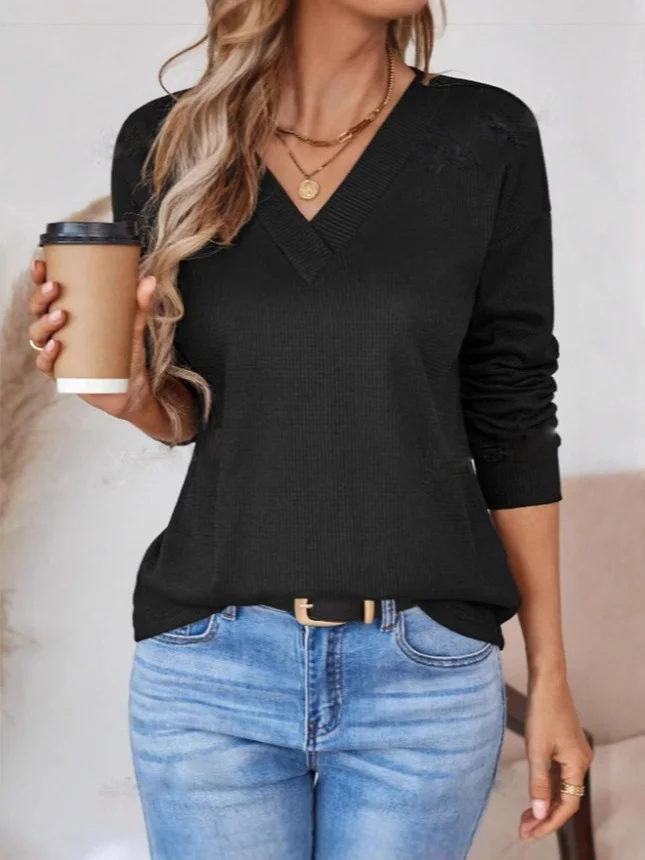Women's Long Sleeve T-shirt Spring/Fall White Plain Embossed V Neck Dolman Sleeve Daily Going Out Vintage Top