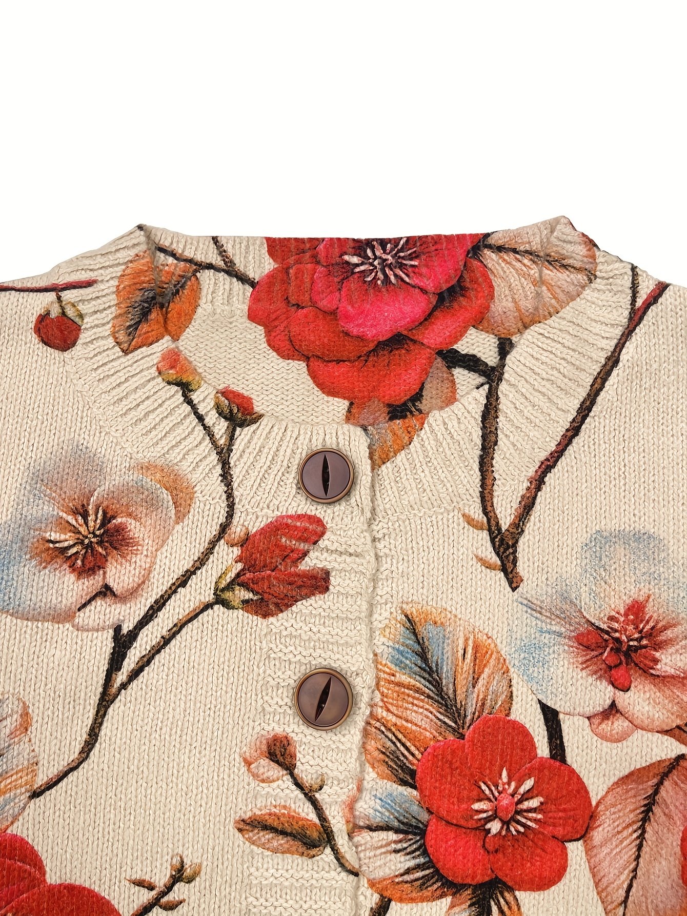 Floral Crew Neck Knitted Vintage Cardigan
