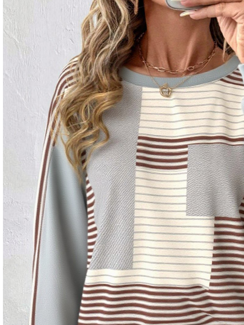 Regular Fit Long Sleeve Casual Sweatshirt Striped Colorblock Pattern