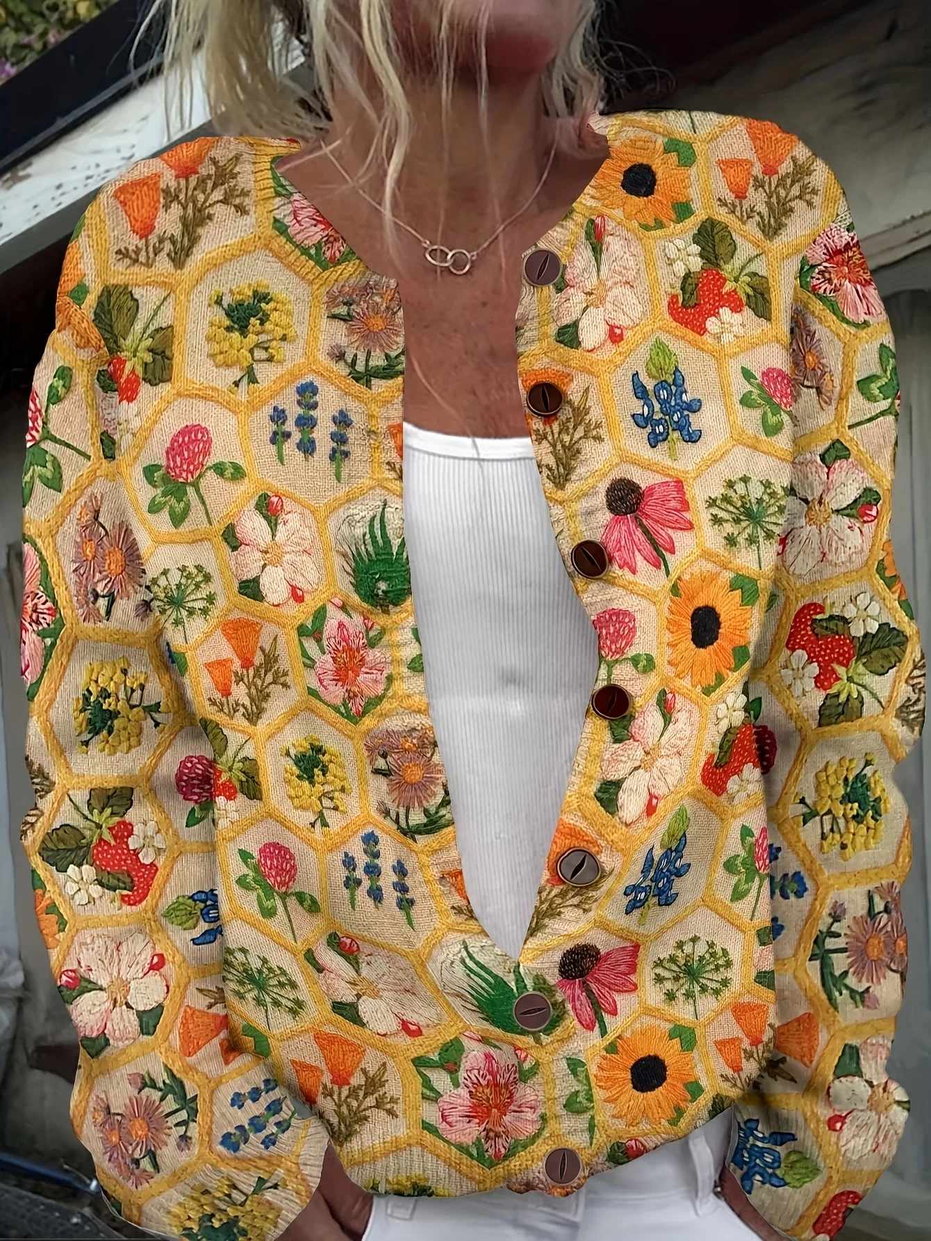 Knitted Ethnic Crew Neck Floral Cardigan