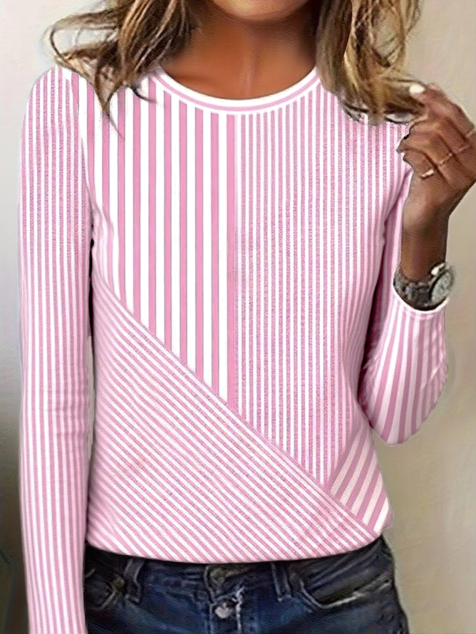 Regular Fit Women's Commuter Striped Round Neck Long Sleeve T-Shirt