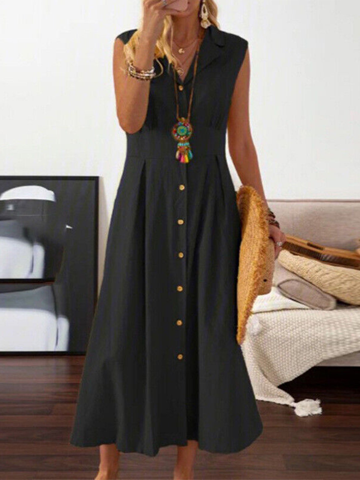 Urban Plain Shirt Collar Maxi Dress