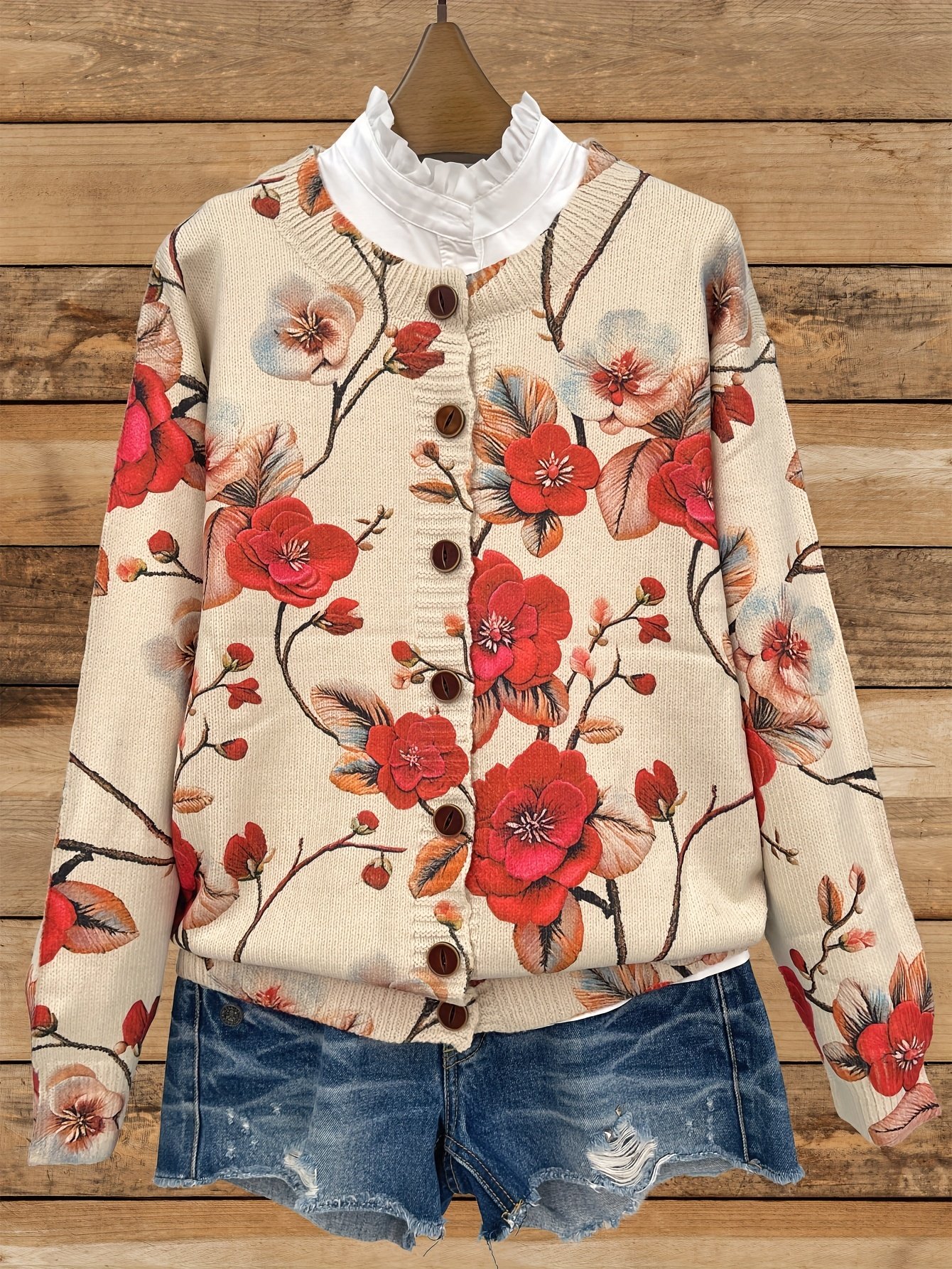 Floral Crew Neck Knitted Vintage Cardigan