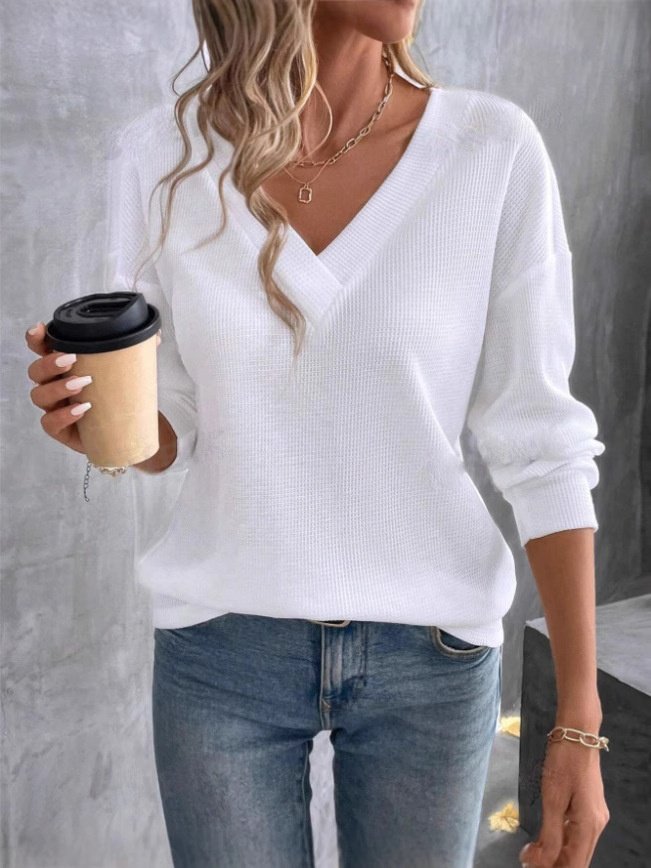 Women's Long Sleeve T-shirt Spring/Fall White Plain Embossed V Neck Dolman Sleeve Daily Going Out Vintage Top