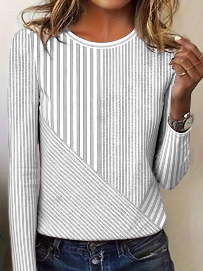Regular Fit Women's Commuter Striped Round Neck Long Sleeve T-Shirt