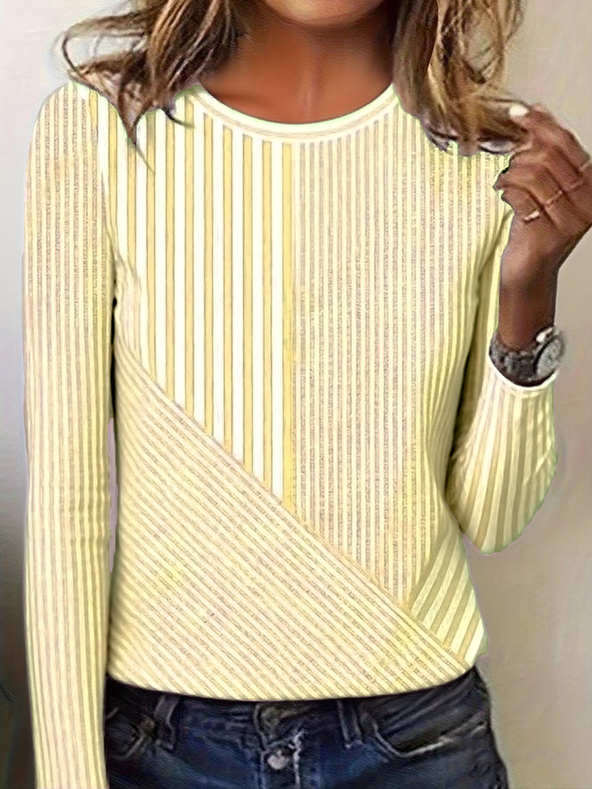 Regular Fit Women's Commuter Striped Round Neck Long Sleeve T-Shirt