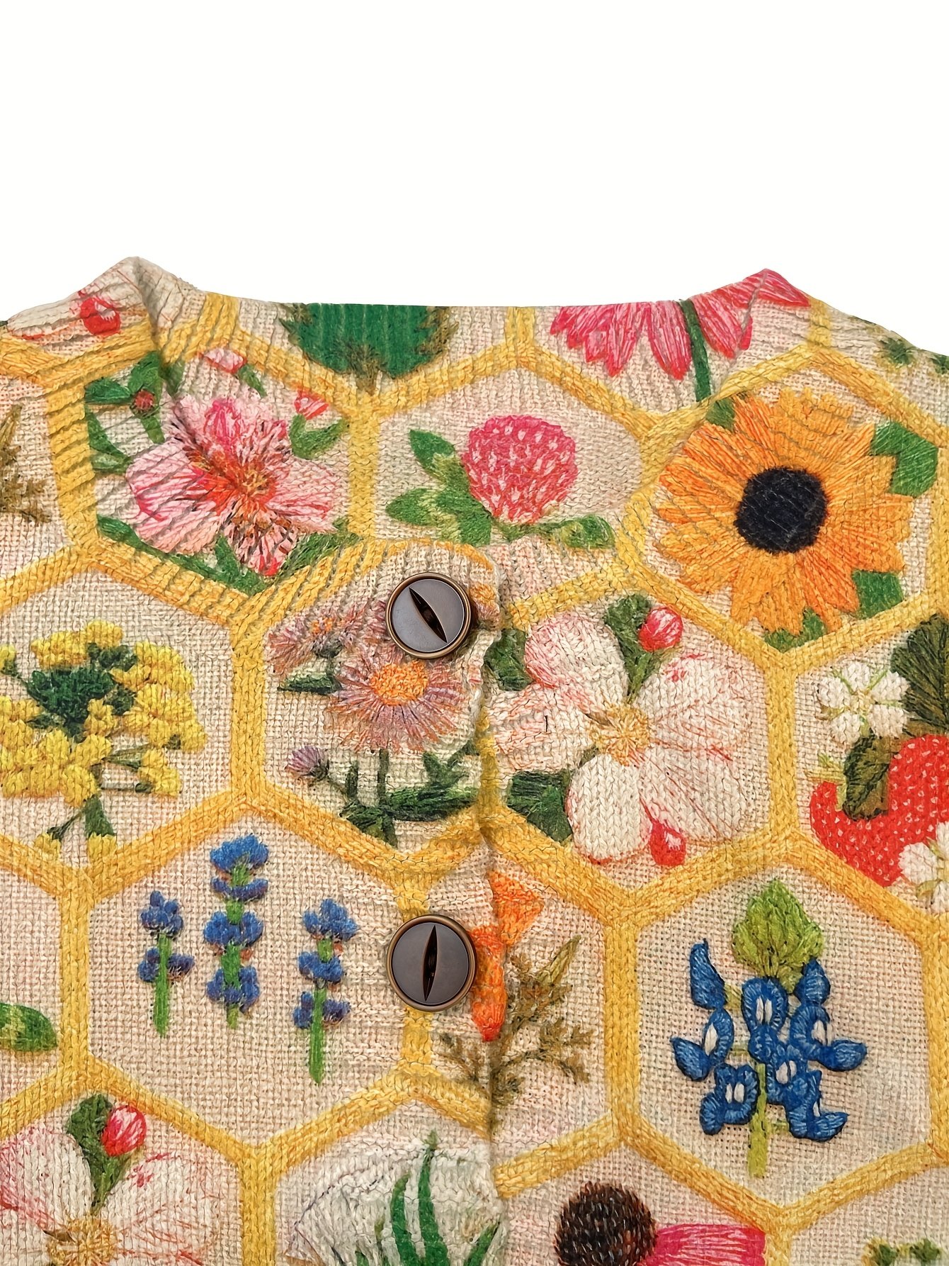 Knitted Ethnic Crew Neck Floral Cardigan