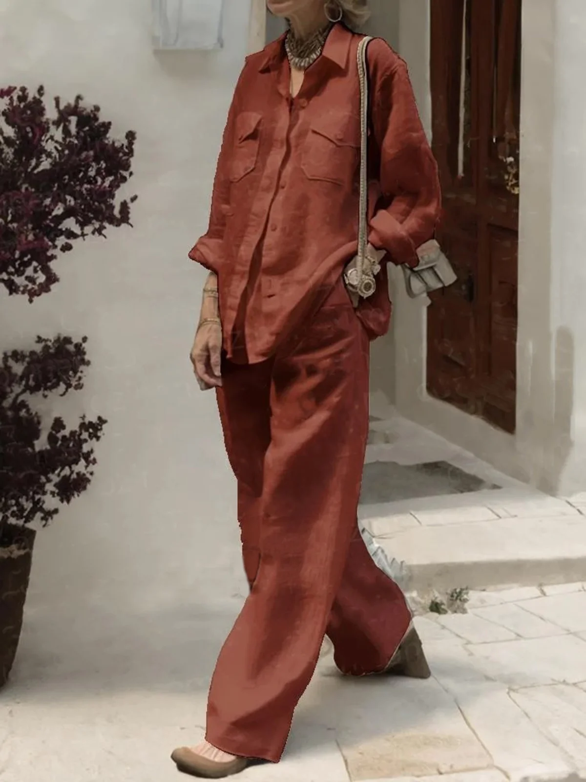 Casual Plain Shirt Collar Two-Piece Set