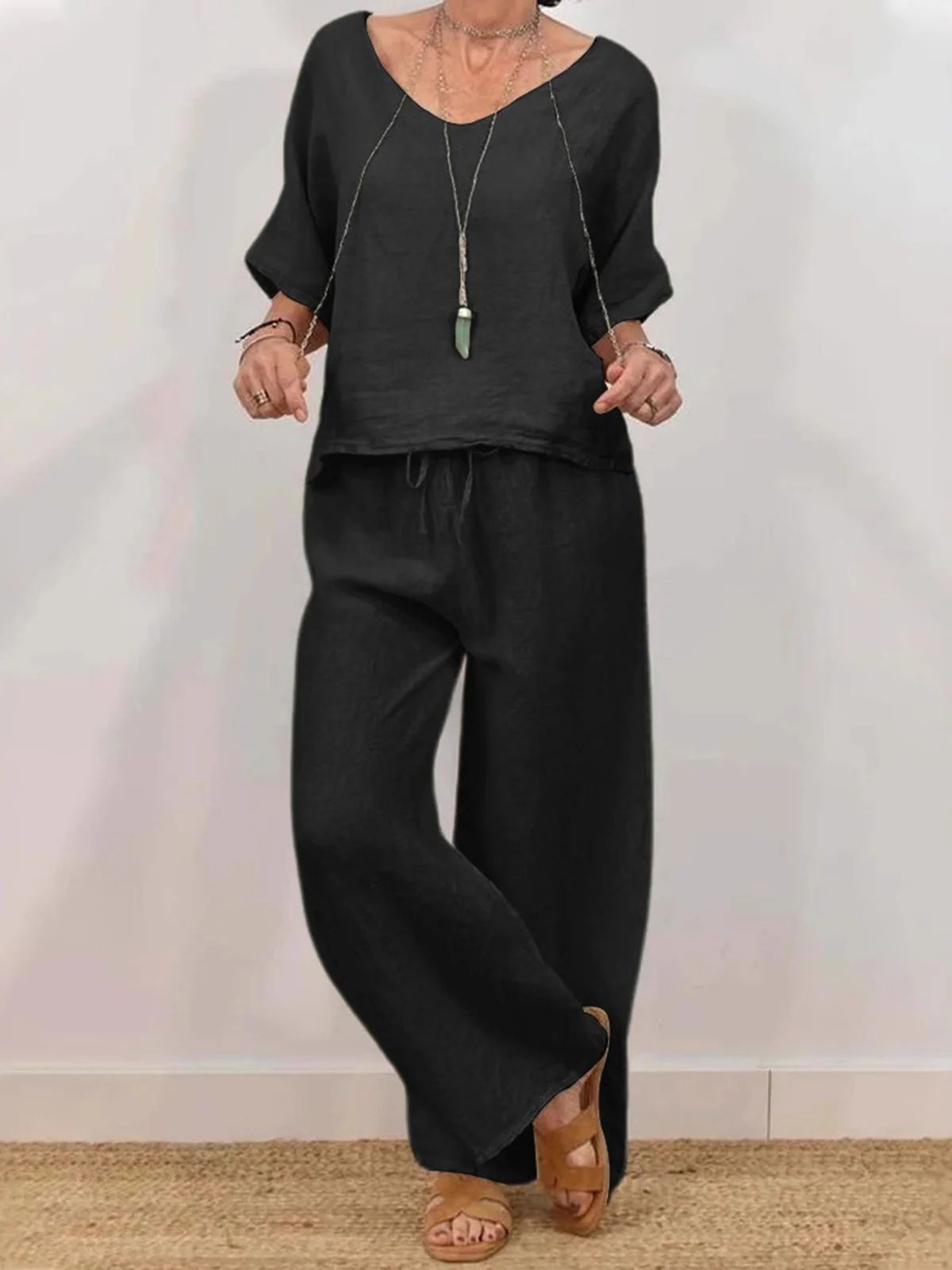 Casual Plain V Neck Two-Piece Set
