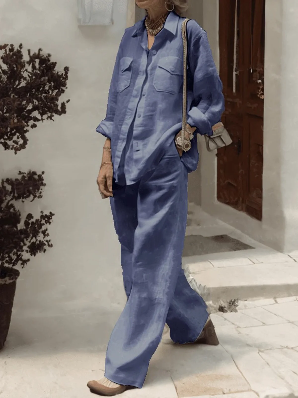 Casual Plain Shirt Collar Two-Piece Set