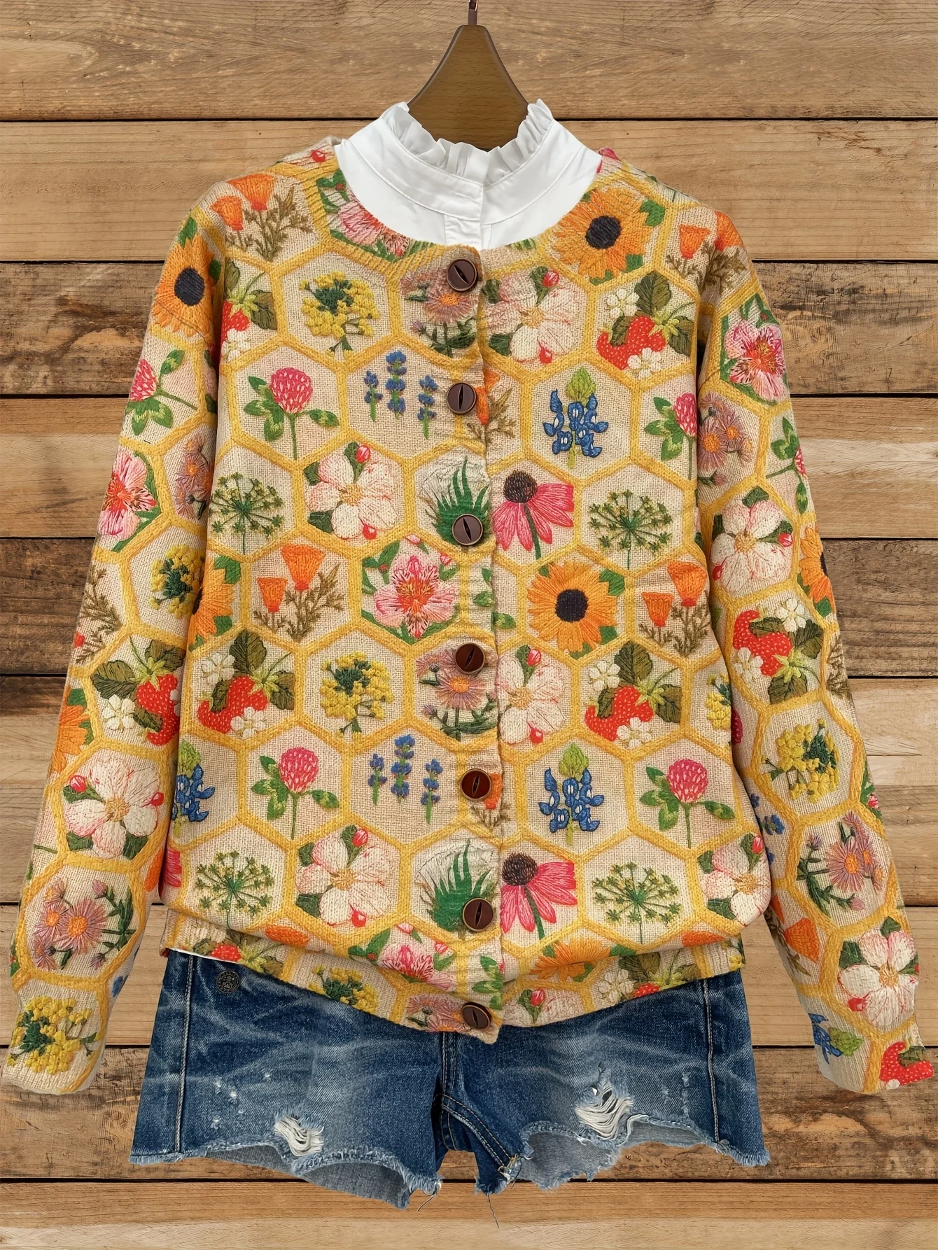 Knitted Ethnic Crew Neck Floral Cardigan