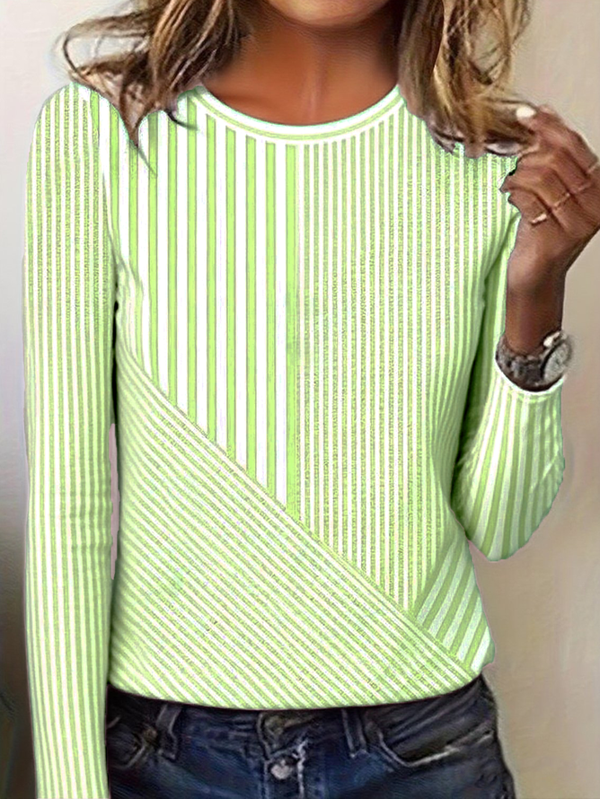 Regular Fit Women's Commuter Striped Round Neck Long Sleeve T-Shirt