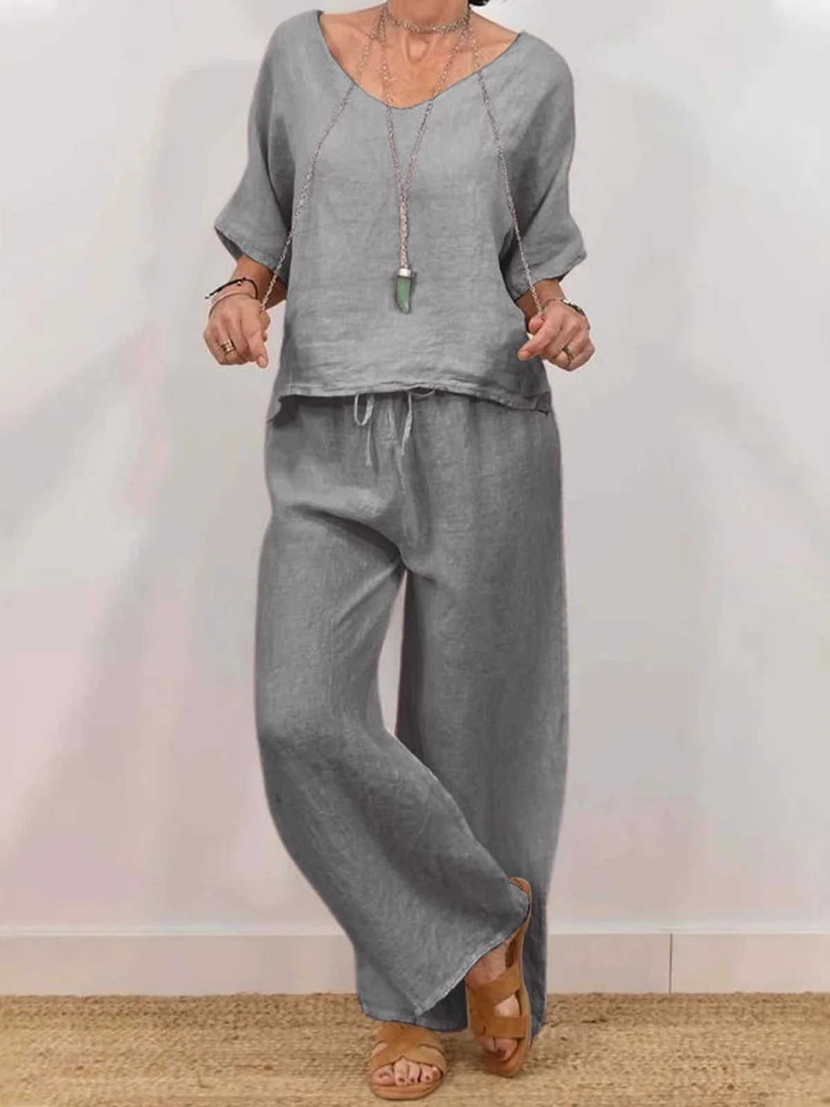 Casual Plain V Neck Two-Piece Set